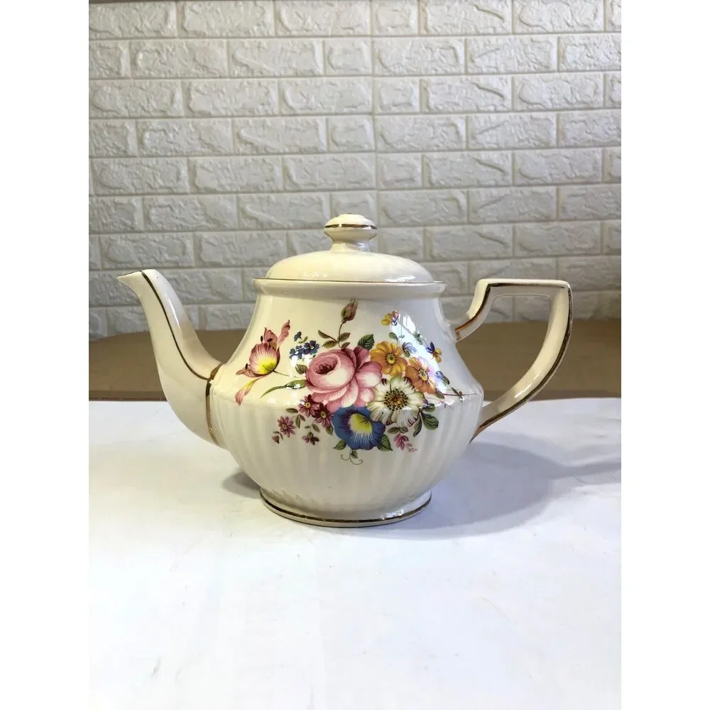 Vtg 50s Sadler England Ribbed Teapot Cream Floral Bouquet Gold Trim MCM #3771 6